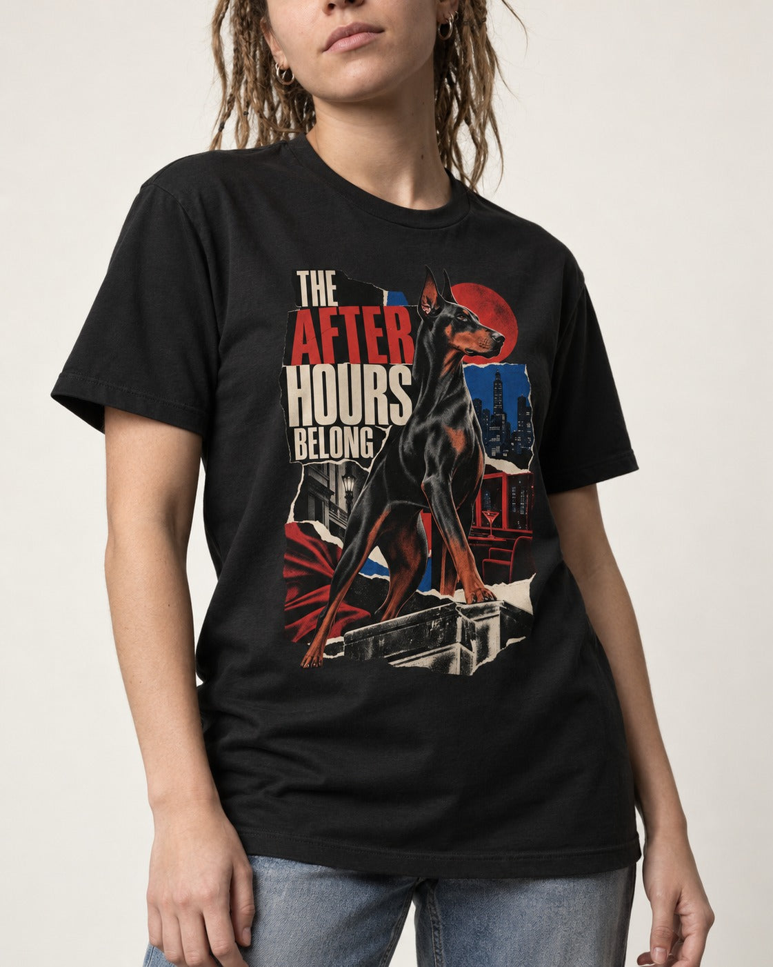 Doberman The After Hours Belong City Collage T-Shirt in Black, worn by a model, front view