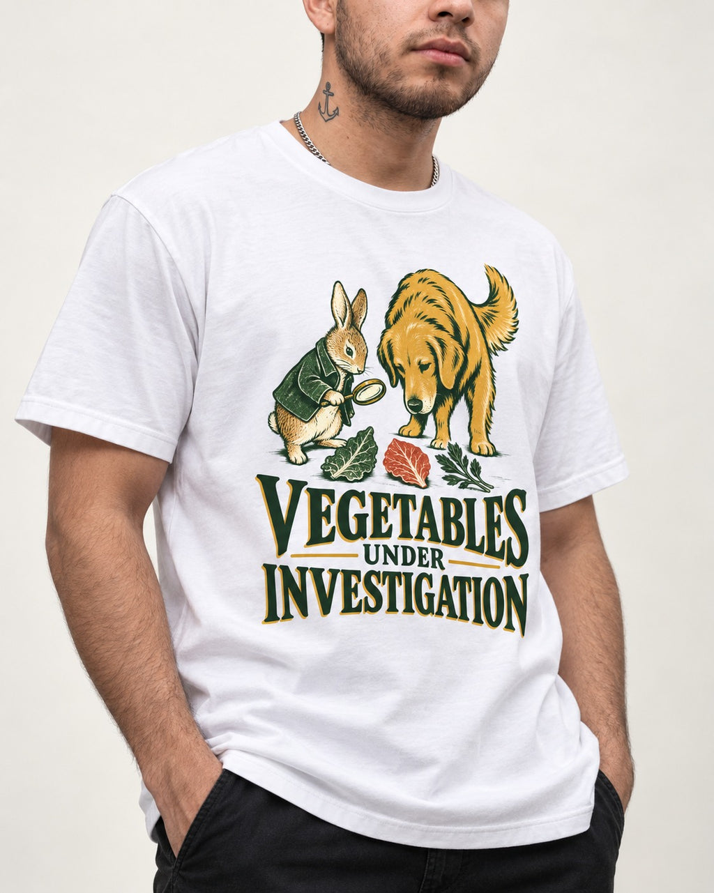 Golden Retriever Vegetables Under Investigation Rabbit Detective Graphic T-Shirt in White, worn by a model, front view