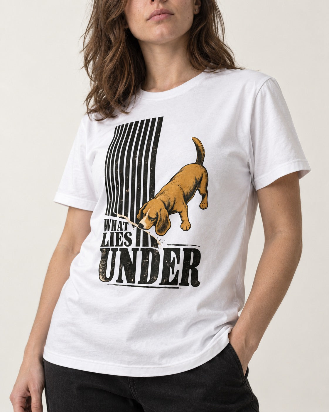 Beagle Knows What Lies Under T-Shirt in White, worn by a model, front view