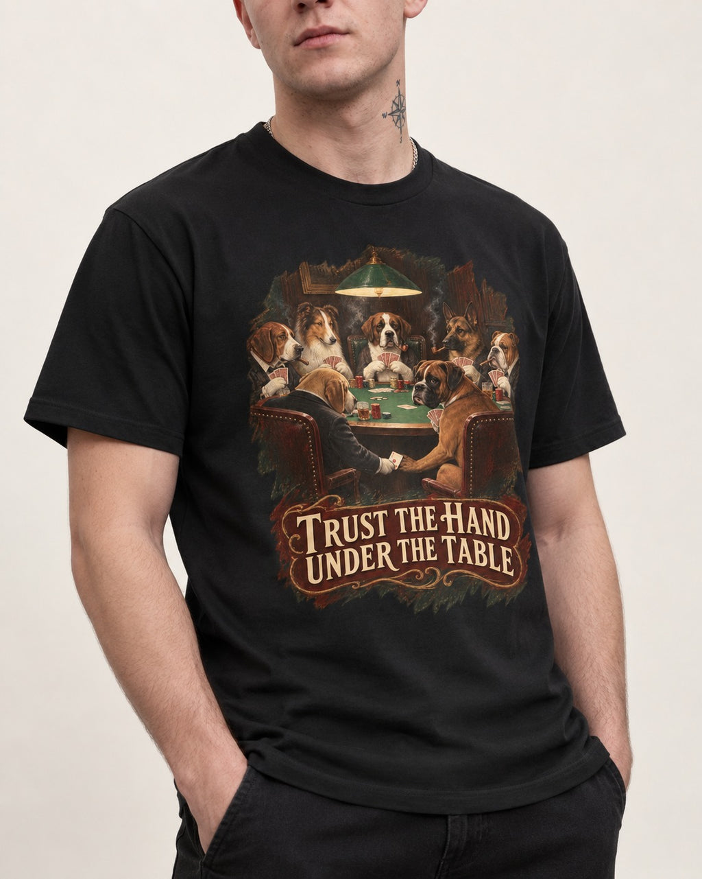 Trust the Hand Under the Table Boxer Poker Graphic T-Shirt in Black, worn by a model, front view