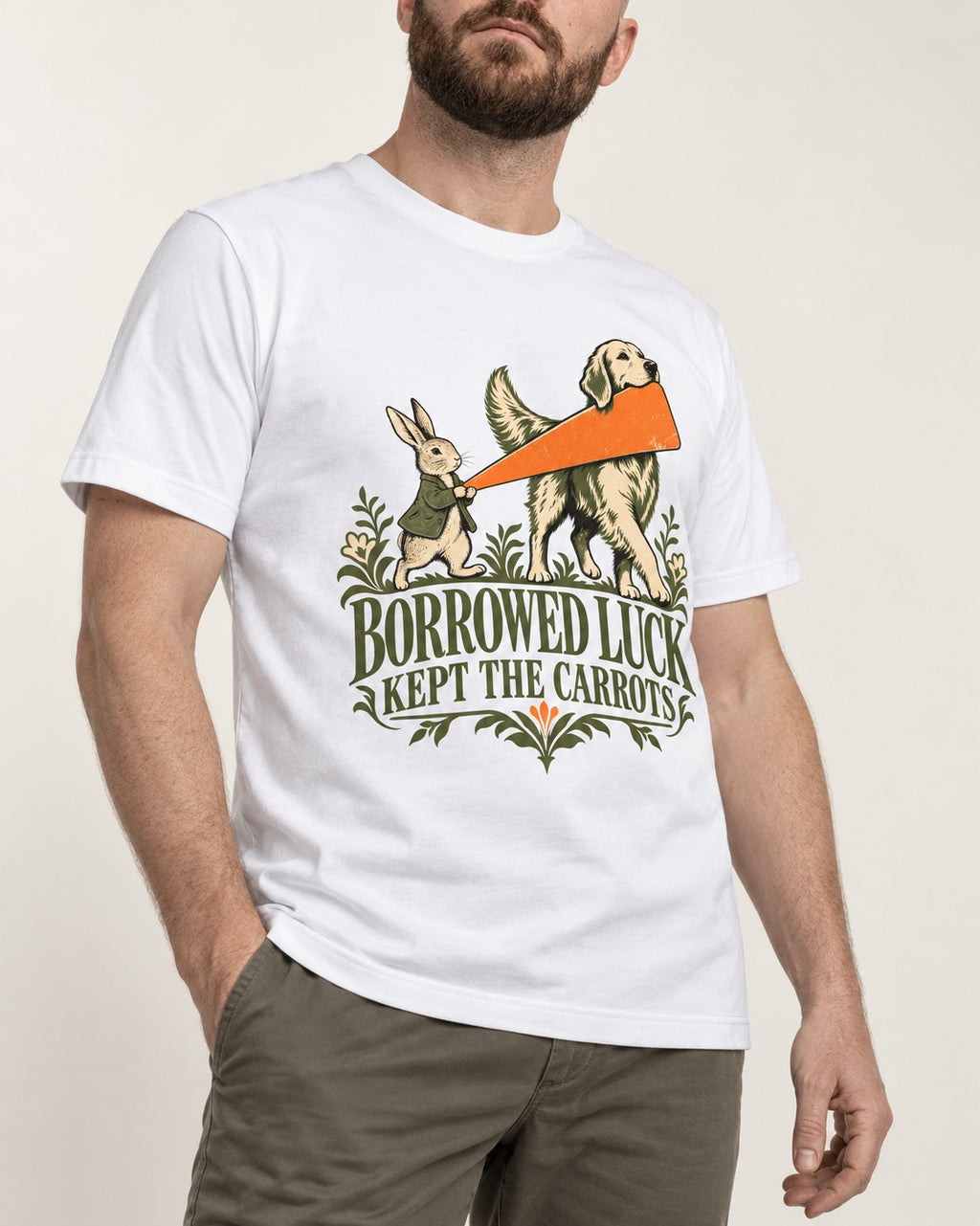 Borrowed Luck Golden Retriever T-Shirt in White, worn by a model, front view