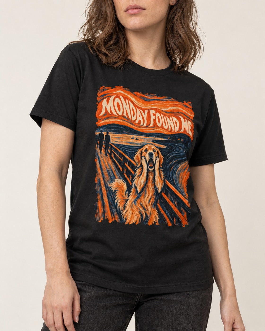 Monday Found Me Scream Golden Retriever Graphic T-Shirt in Black, worn by a model, front view