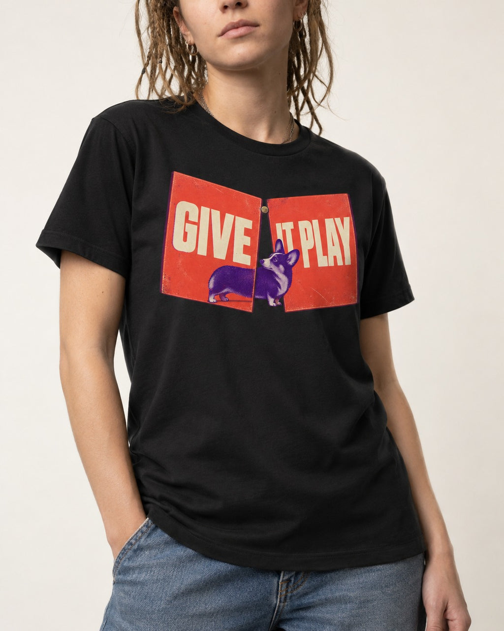 Corgi Give It Play Folding Panels T-Shirt in Black, worn by a model, front view