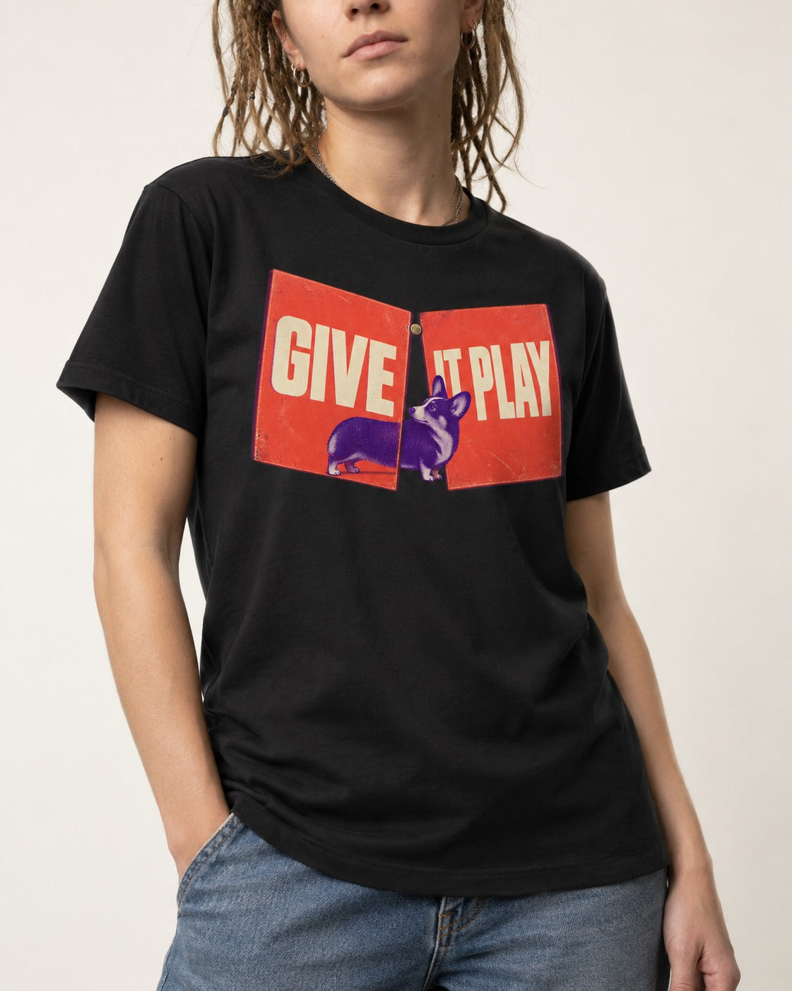 Corgi Give It Play Folding Panels T-Shirt in Black, worn by a model, front view