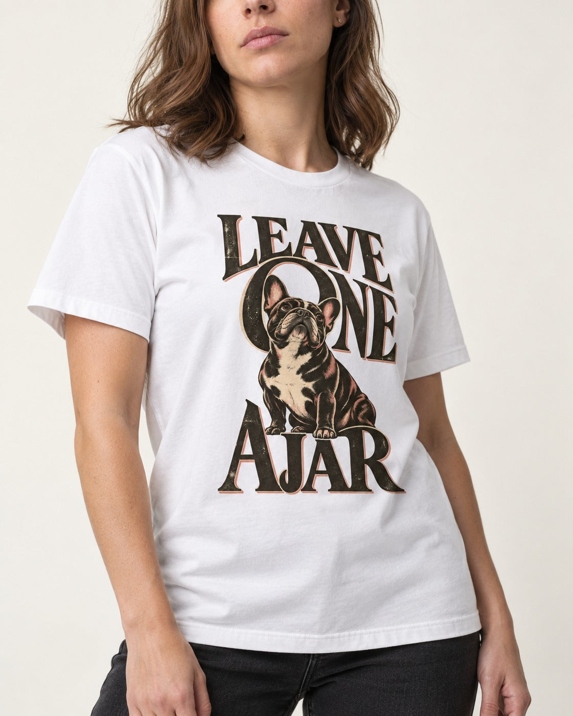 Leave One Ajar for Frenchie T-Shirt in White, worn by a model, front view