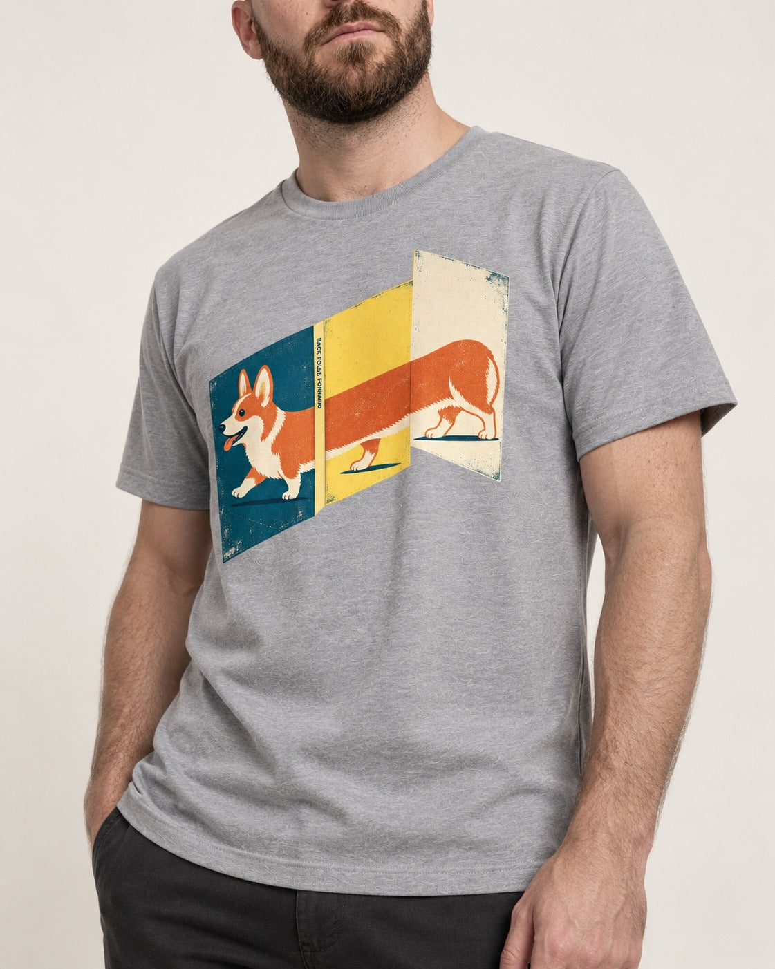 Corgi Back Folds Forward Panels T-Shirt in Sport Grey, worn by a model, front view
