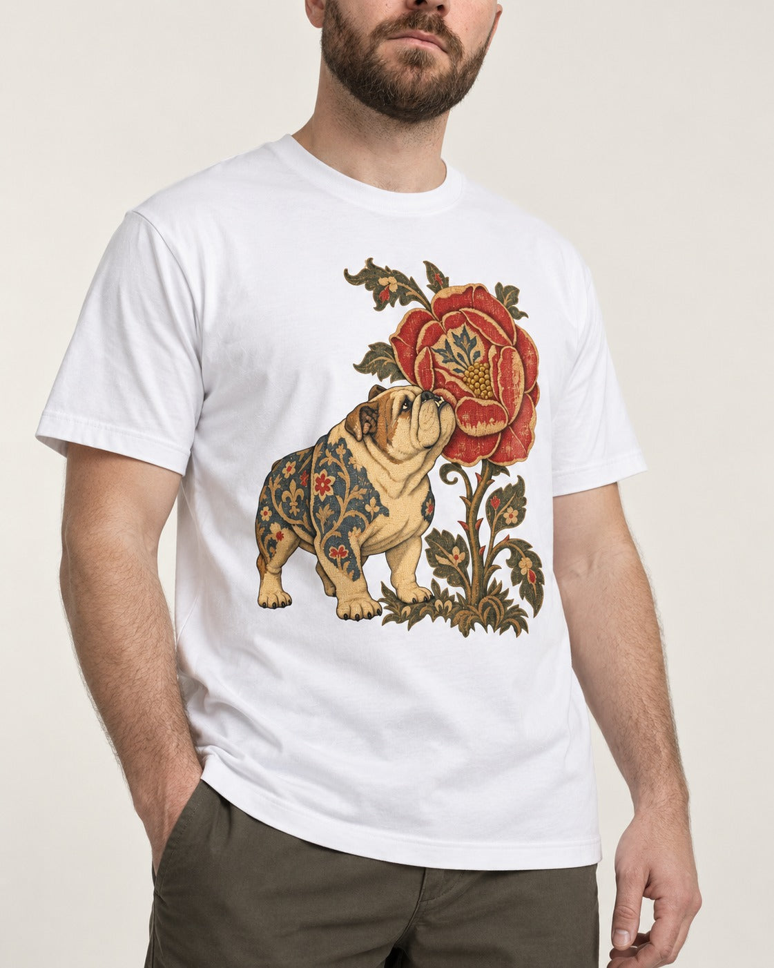 English Bulldog Tender Devotion T-Shirt in White, worn by a model, front view