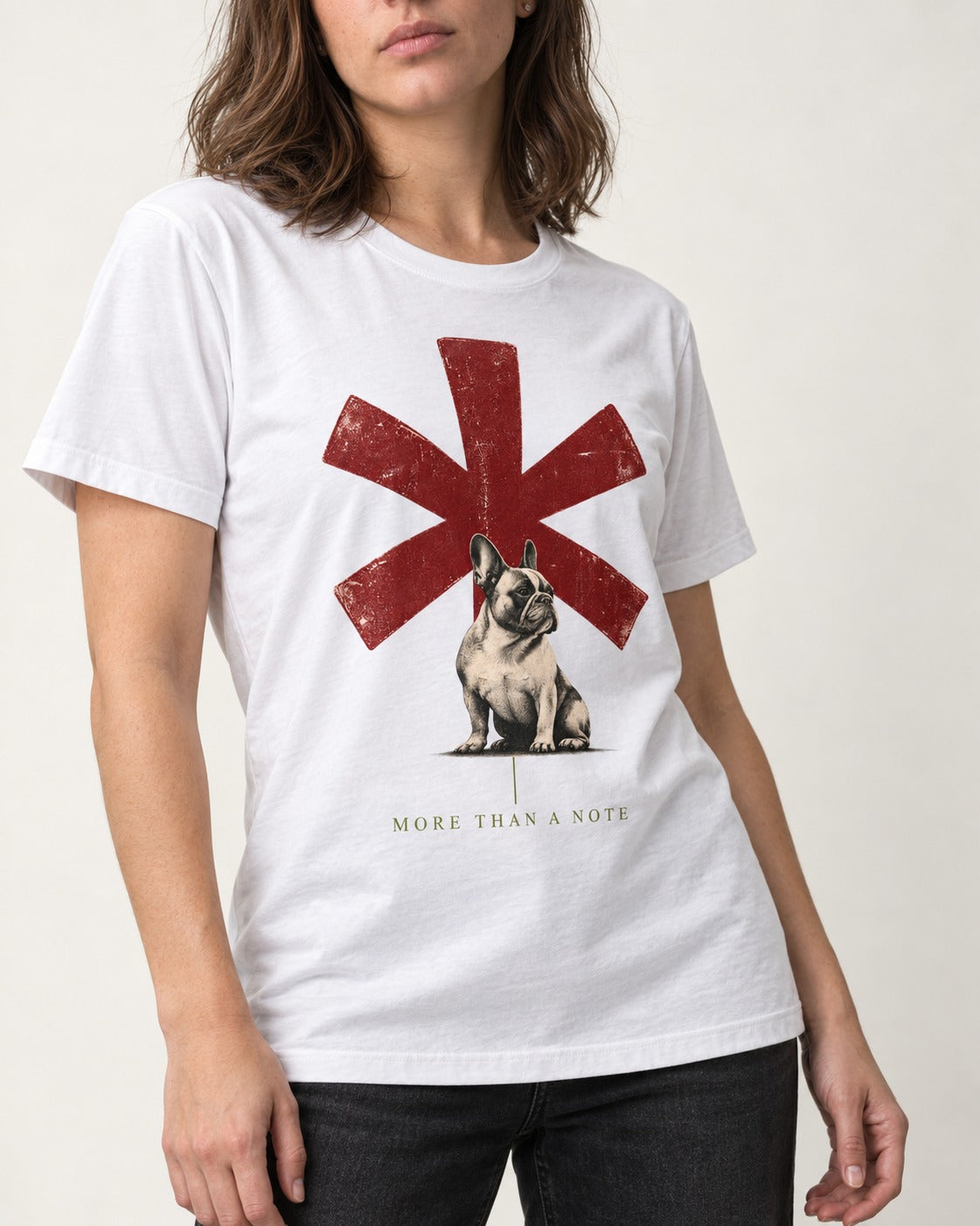 Frenchie More Than a Note T-Shirt in White, worn by a model, front view
