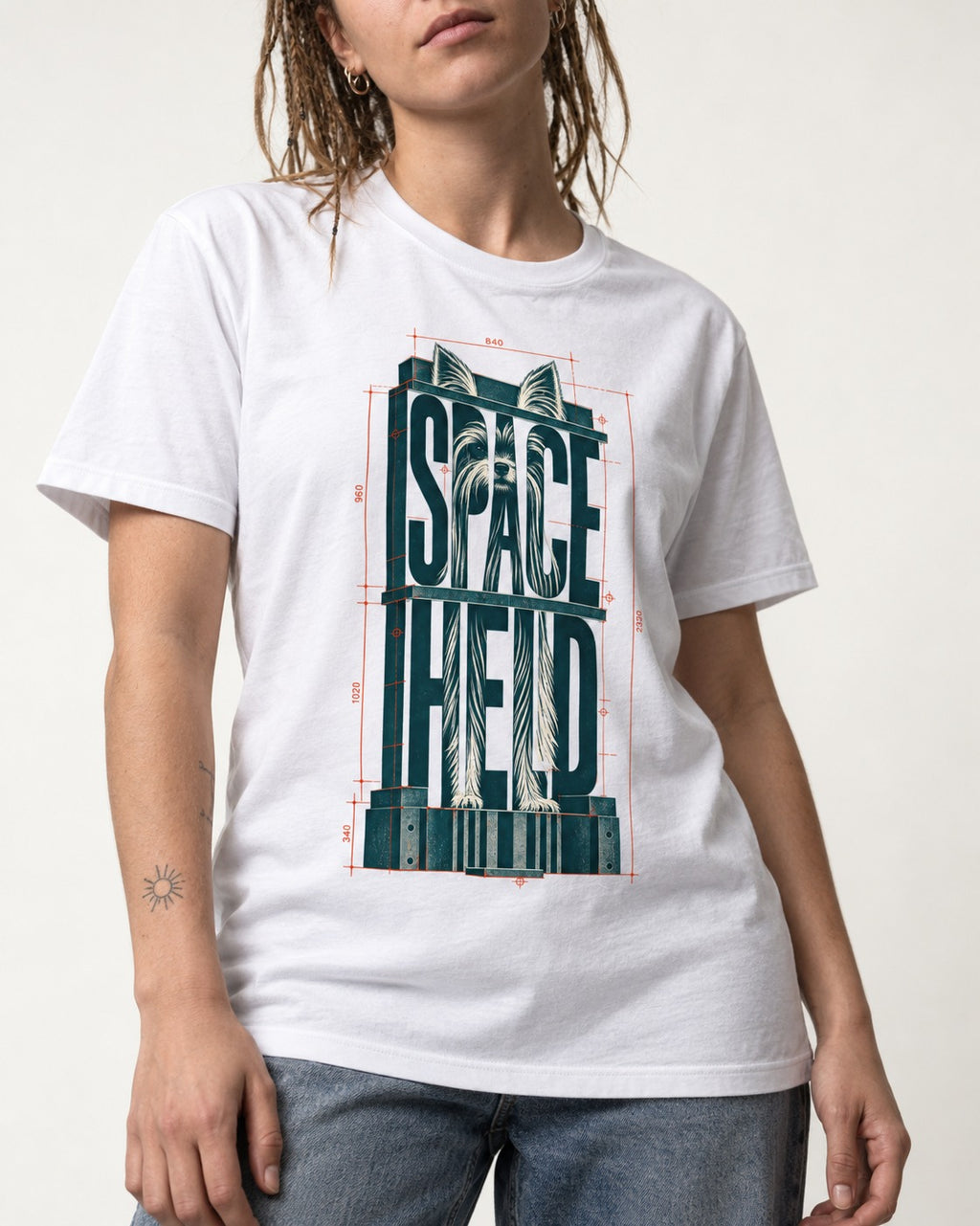 Yorkshire Terrier Space Head T-Shirt in White, worn by a model, front view