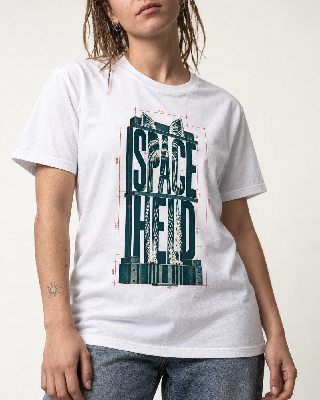 Yorkshire Terrier Space Head T-Shirt in White, worn by a model, front view