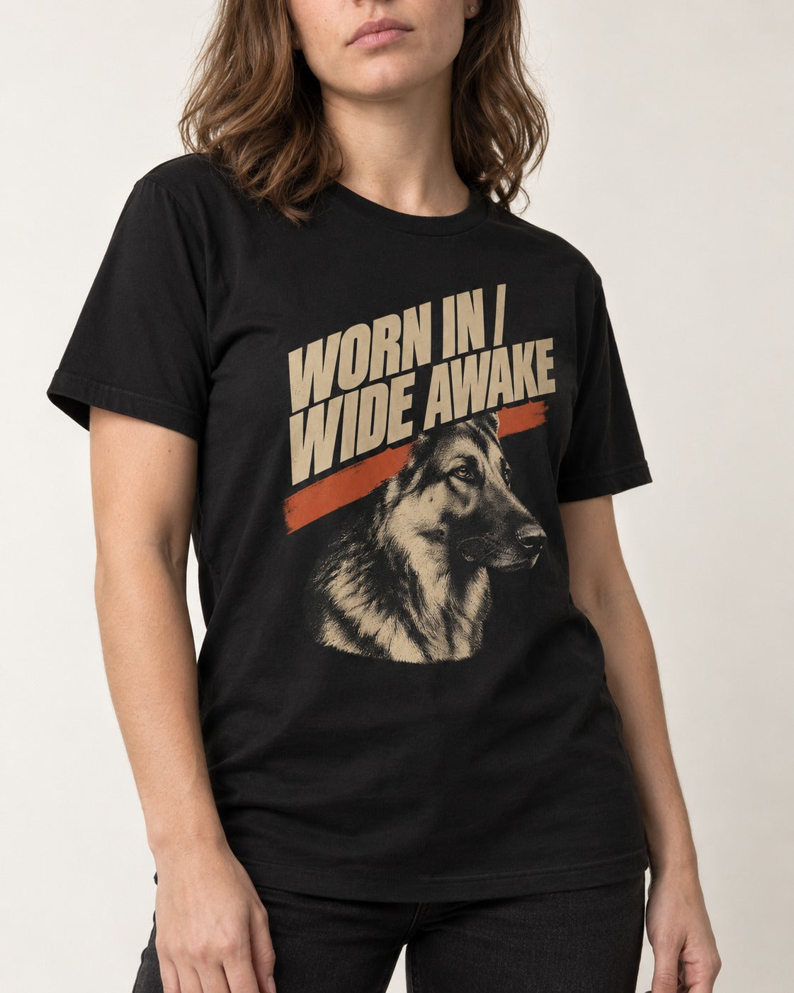 Worn In Wide Awake Portrait German Shepherd Dog Graphic T-Shirt in Black, worn by a model, front view