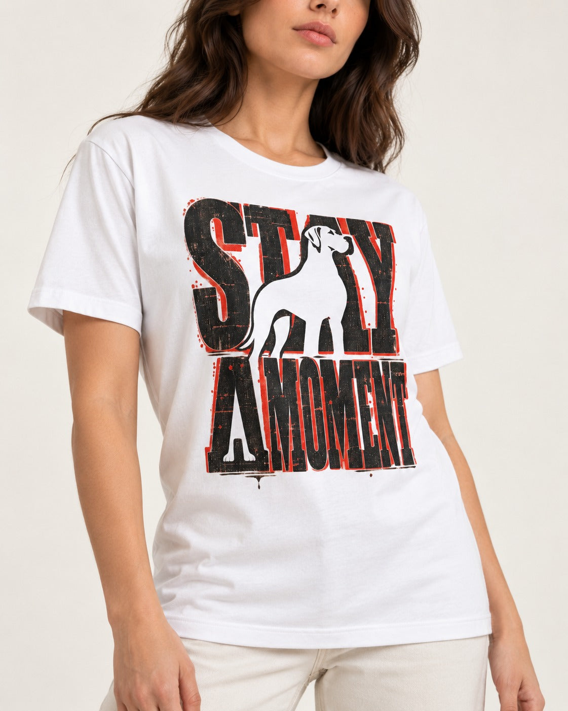 Stay a Moment Great Dane T-Shirt in White, worn by a model, front view