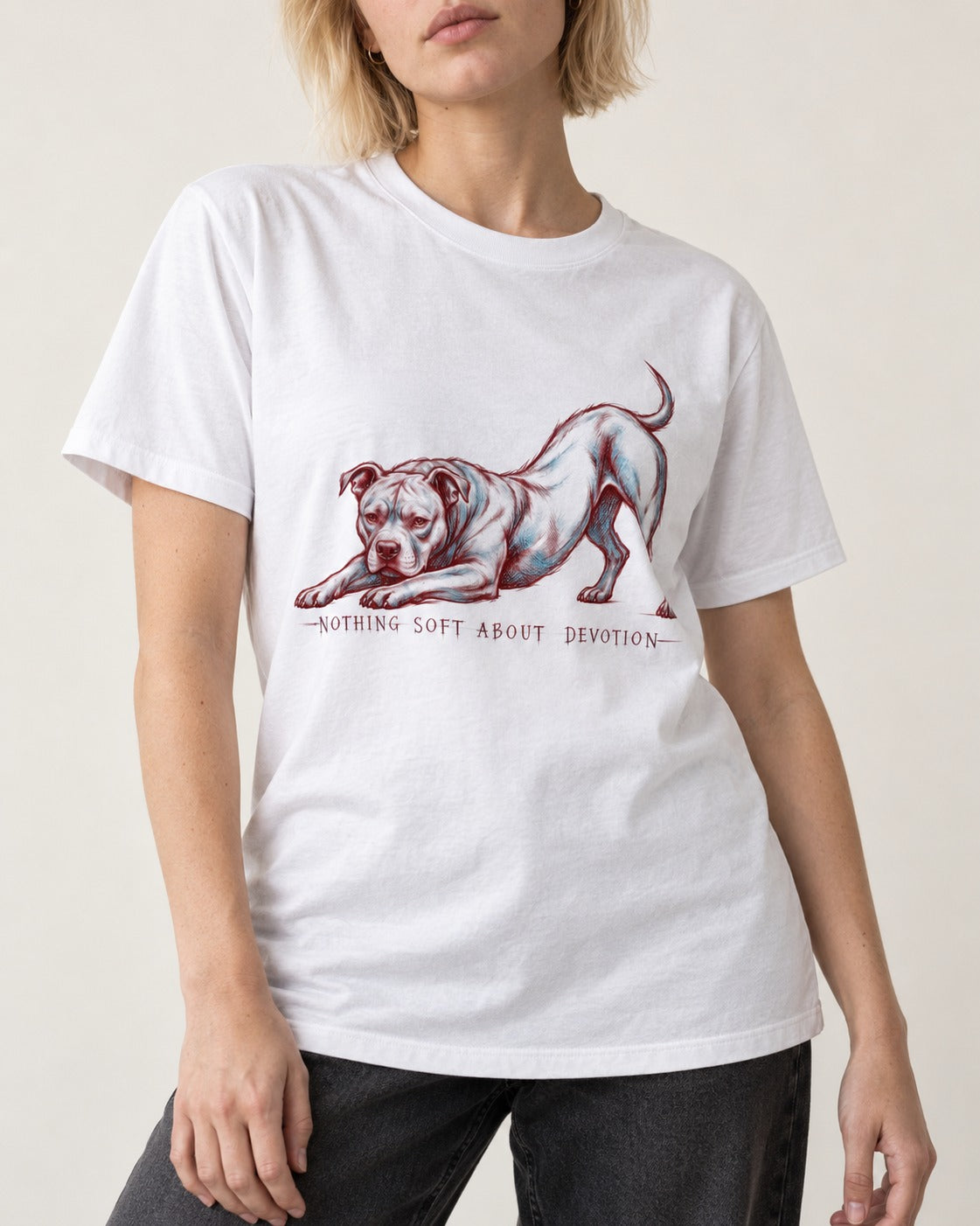 Nothing Soft About Pitbull Devotion T-Shirt in White, worn by a model, front view