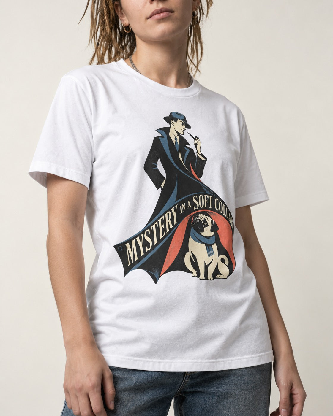 Pug Soft Collar Mystery T-Shirt in White, worn by a model, front view