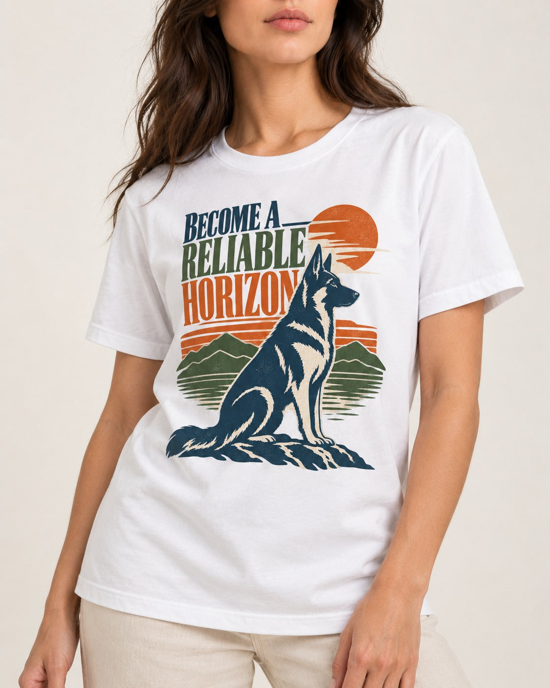 German Shepherd Dog Become a Reliable Horizon T-Shirt in White, worn by a model, front view