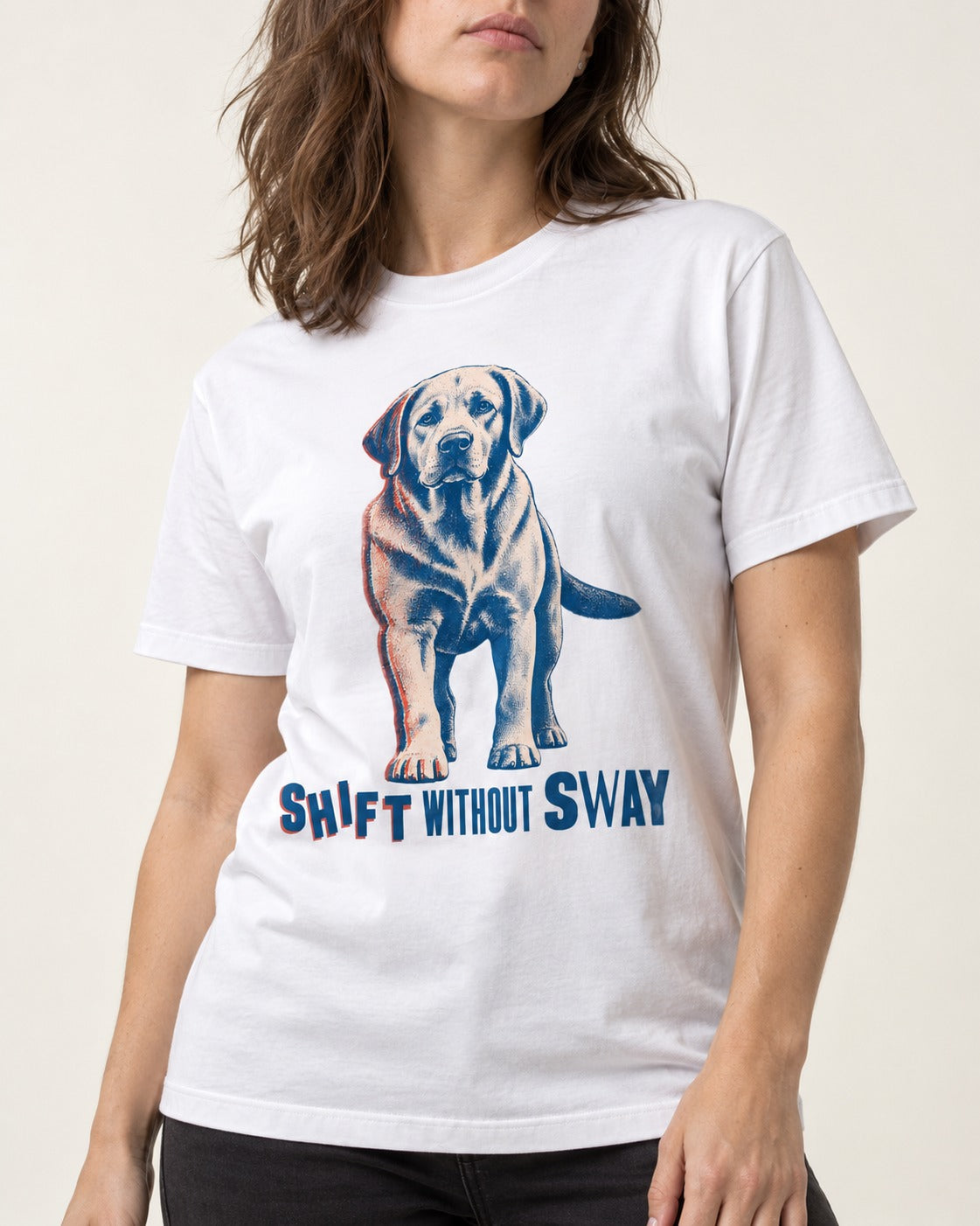 Shift Without Sway Labrador Retriever T-Shirt in White, worn by a model, front view