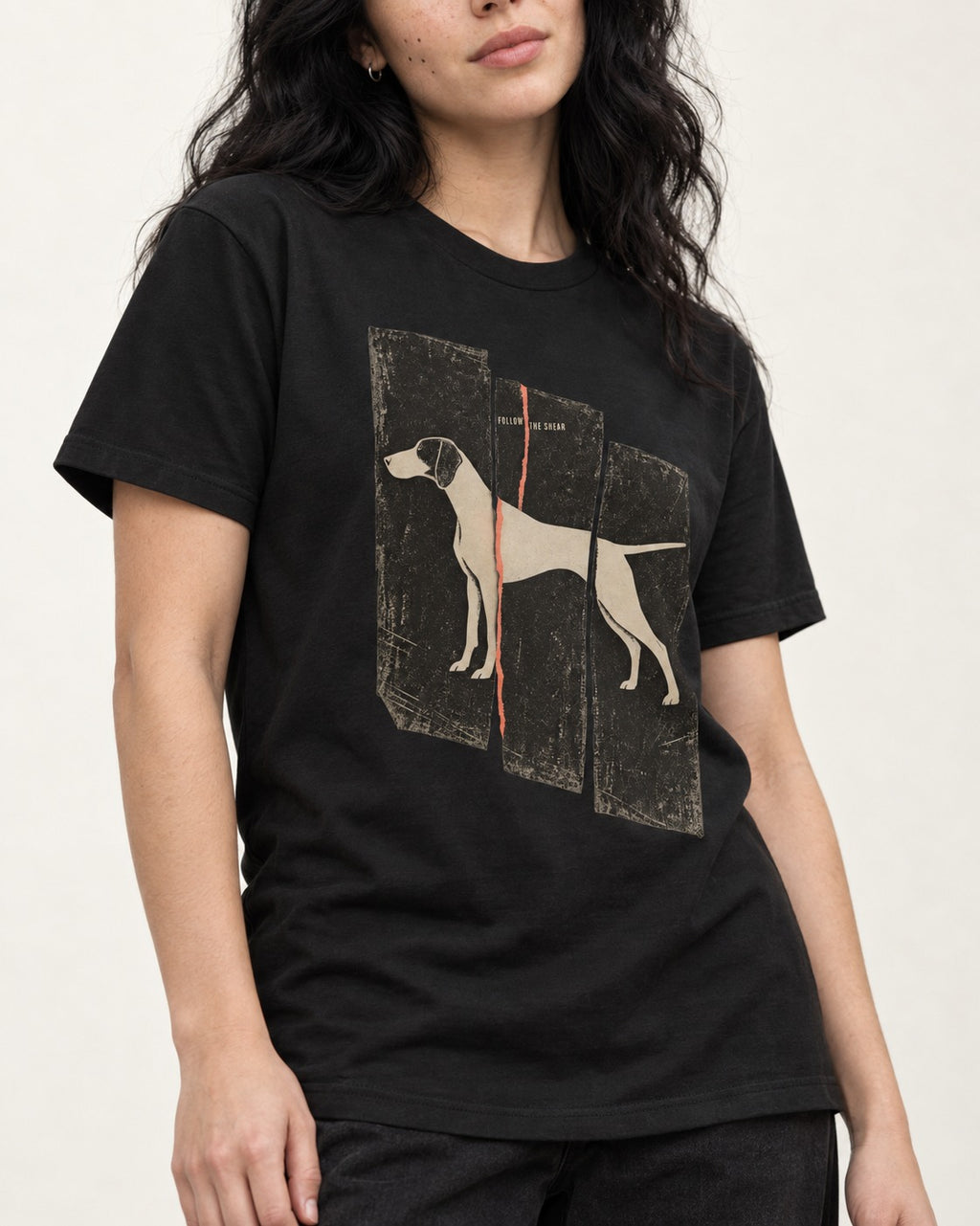 German Shorthaired Pointer Follow The Shear Split Panel Graphic T-Shirt in Black, worn by a model, front view