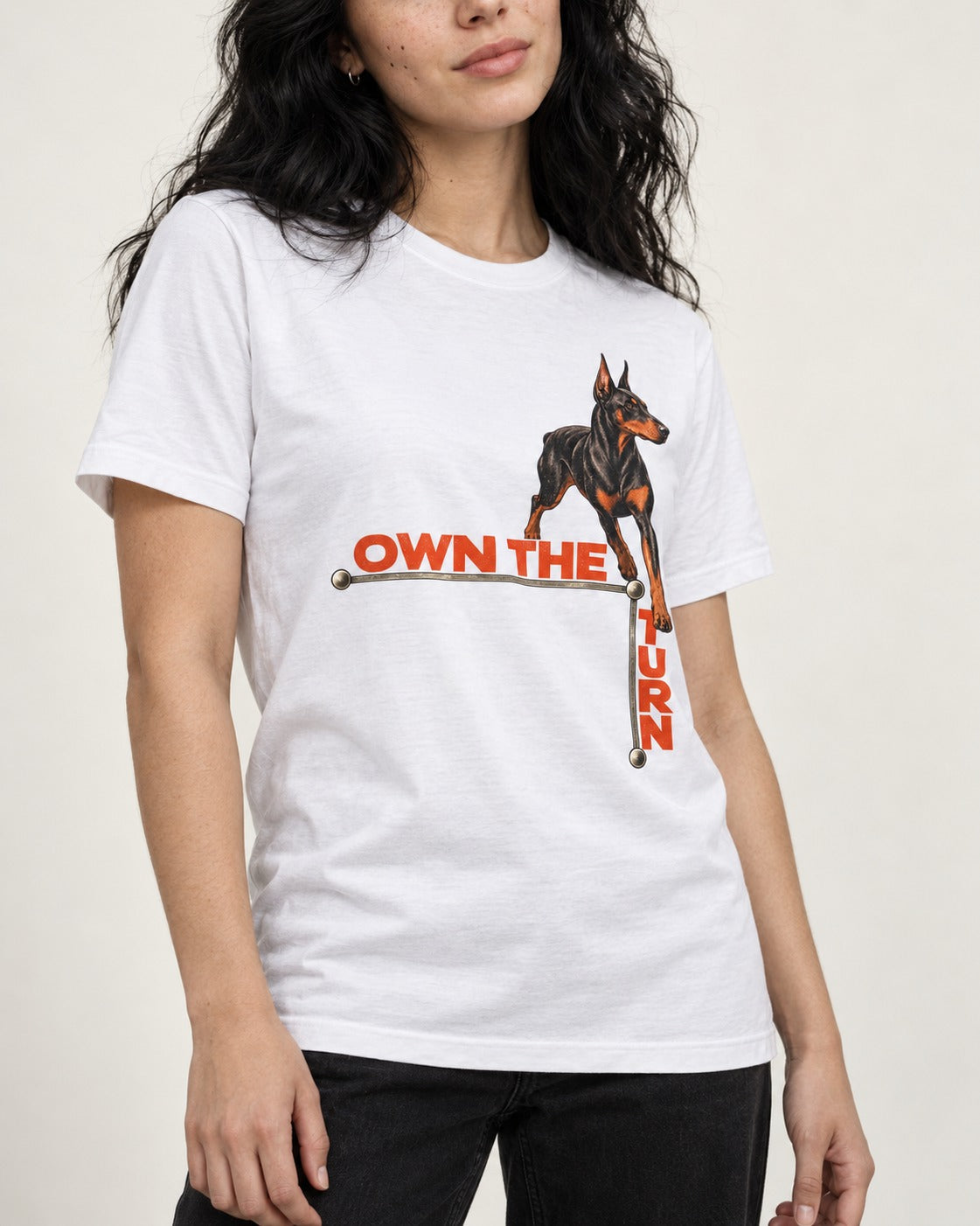 Own the Turn Doberman T-Shirt in White, worn by a model, front view