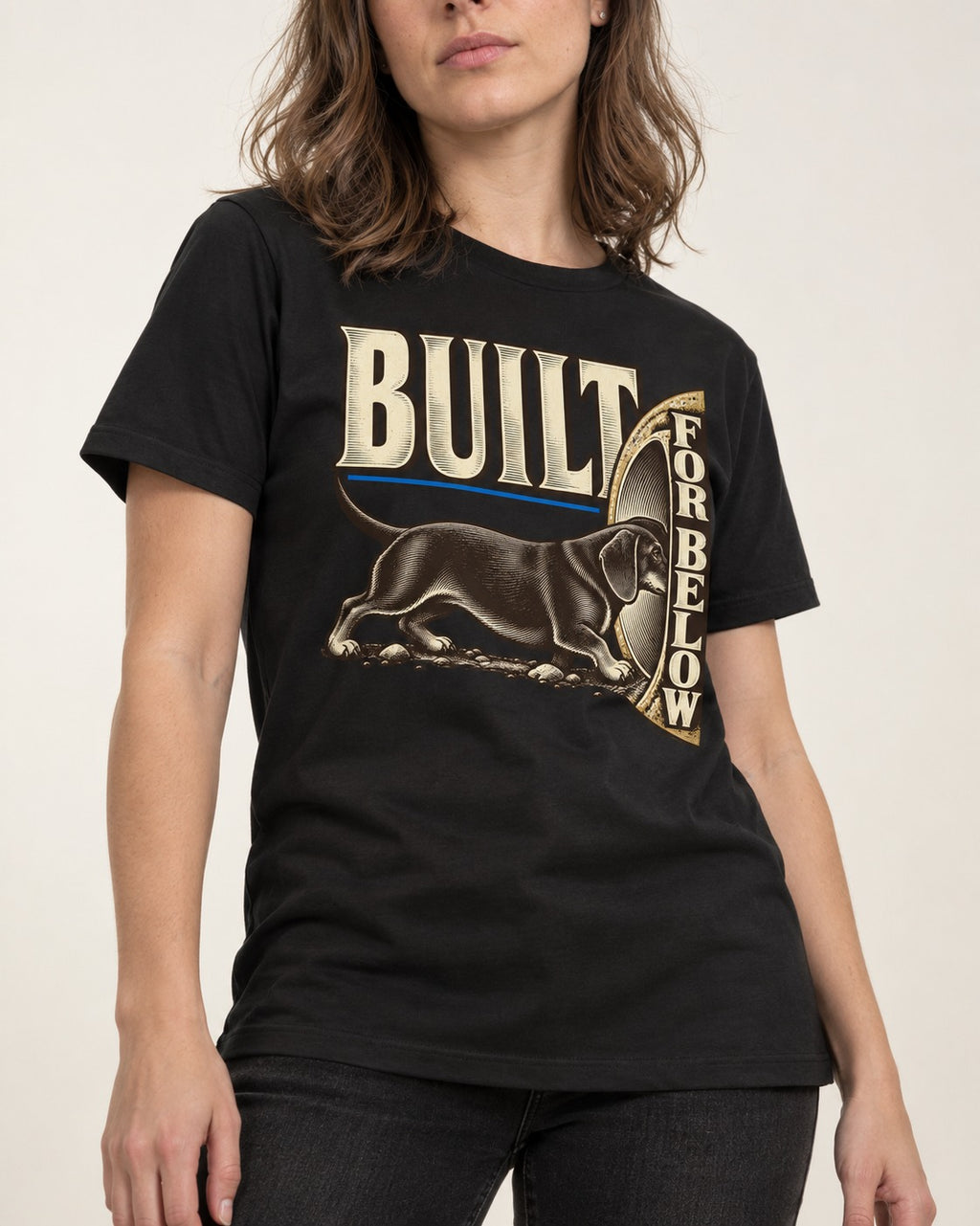 Dachshund Built for Below Vintage Burrow Graphic T-Shirt in Black, worn by a model, front view