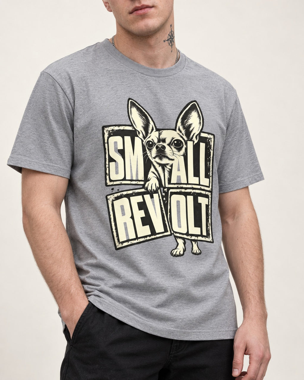 Chihuahua Small Revolt Broken Grid Graphic T-Shirt in Sport Grey, worn by a model, front view