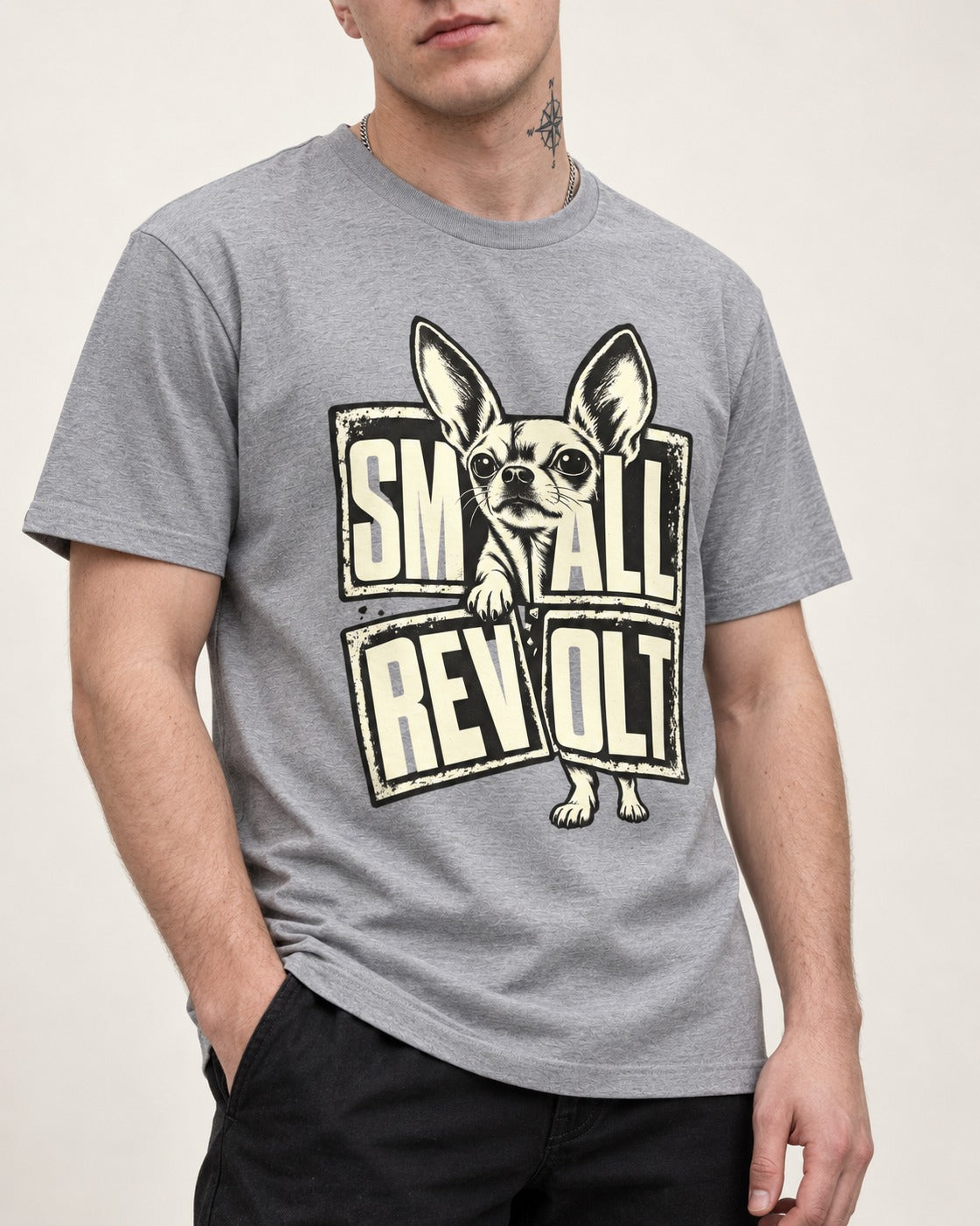 Chihuahua Small Revolt Broken Grid Graphic T-Shirt in Sport Grey, worn by a model, front view