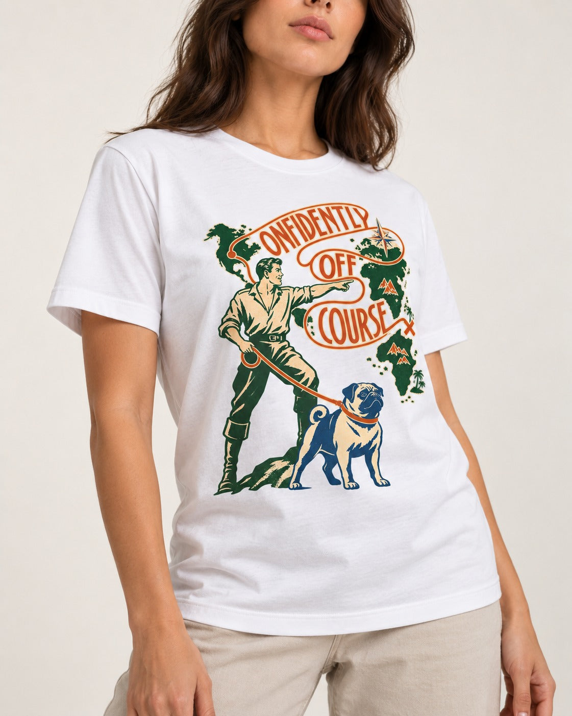 Pug Confidently Off Course T-Shirt in White, worn by a model, front view