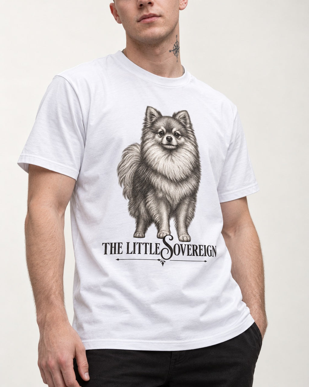 The Little Sovereign Pomeranian T-Shirt in White, worn by a model, front view