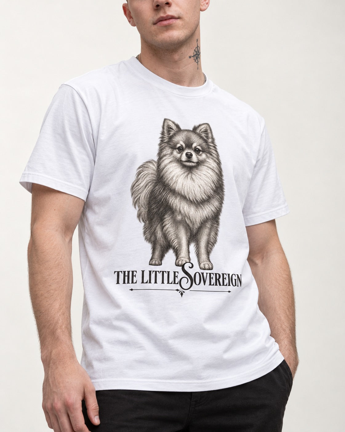 The Little Sovereign Pomeranian T-Shirt in White, worn by a model, front view