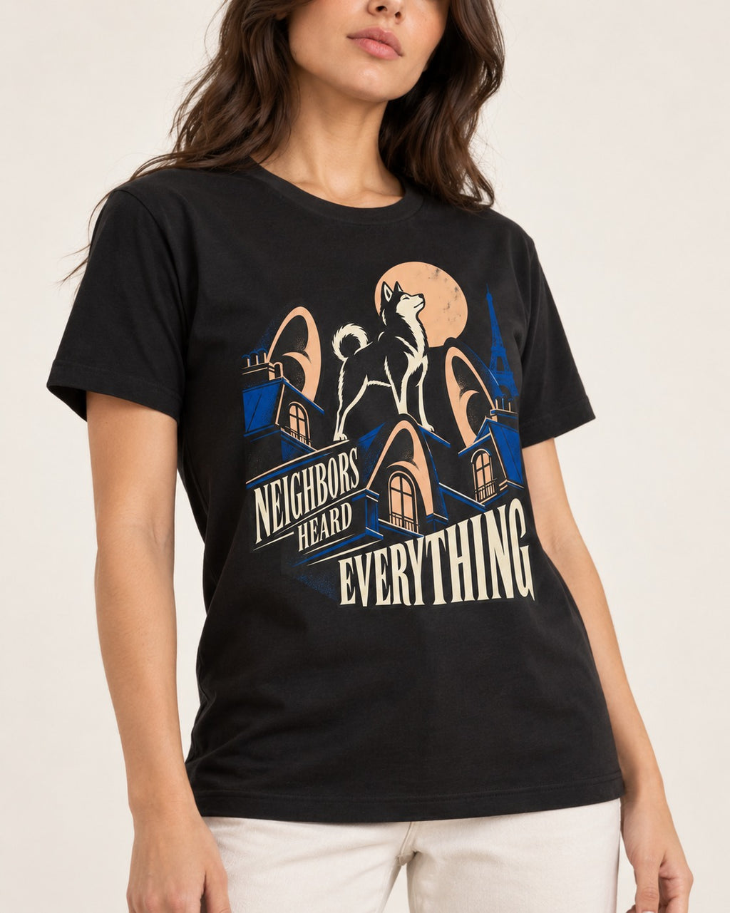 Husky Neighbors Heard Everything Paris Rooftop Graphic T-Shirt in Black, worn by a model, front view