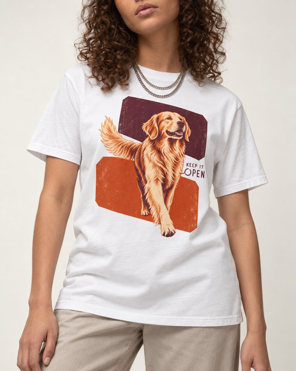 Golden Retriever Keep It Open T-Shirt in White, worn by a model, front view
