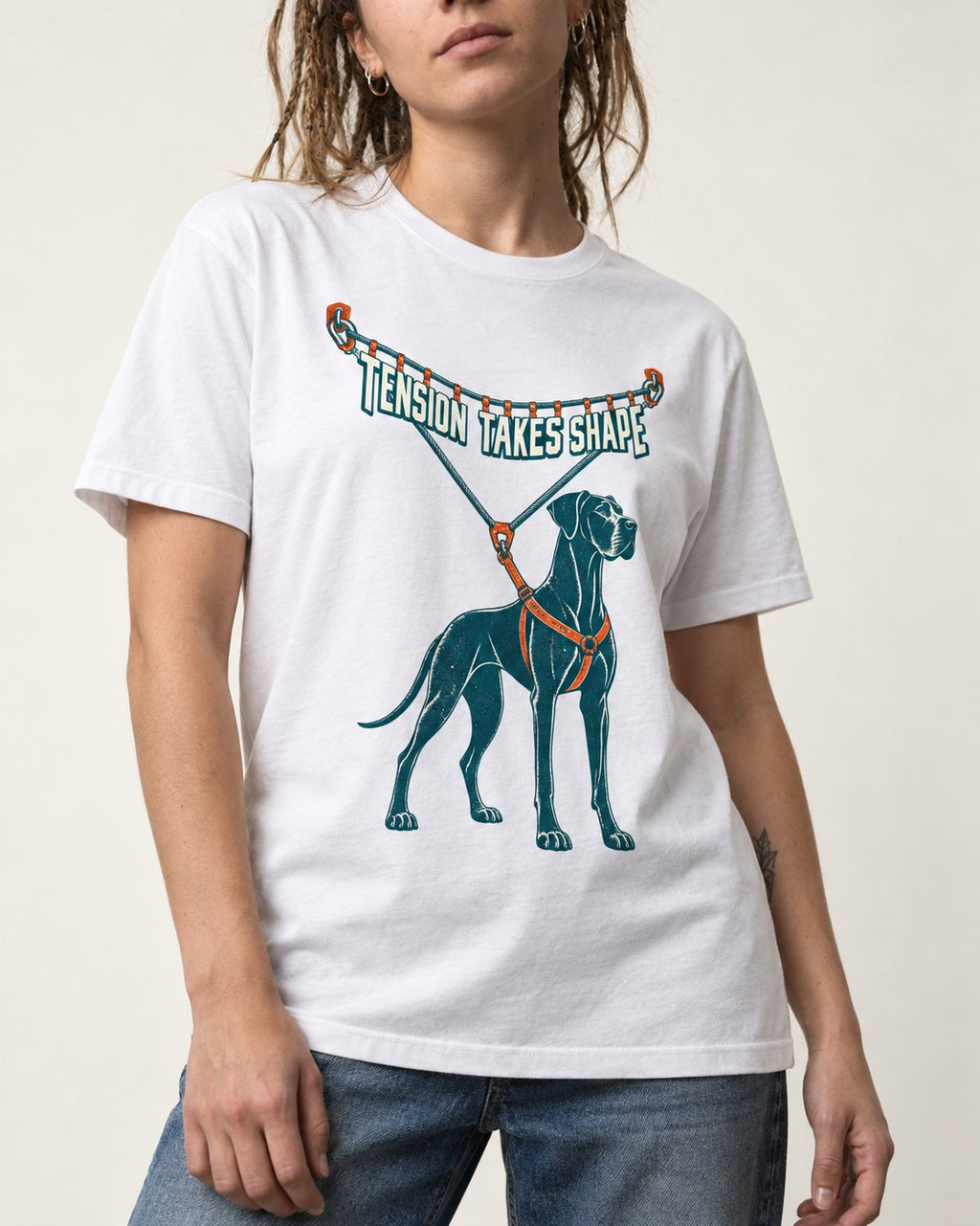 Great Dane Tension Takes Shape T-Shirt in White, worn by a model, front view