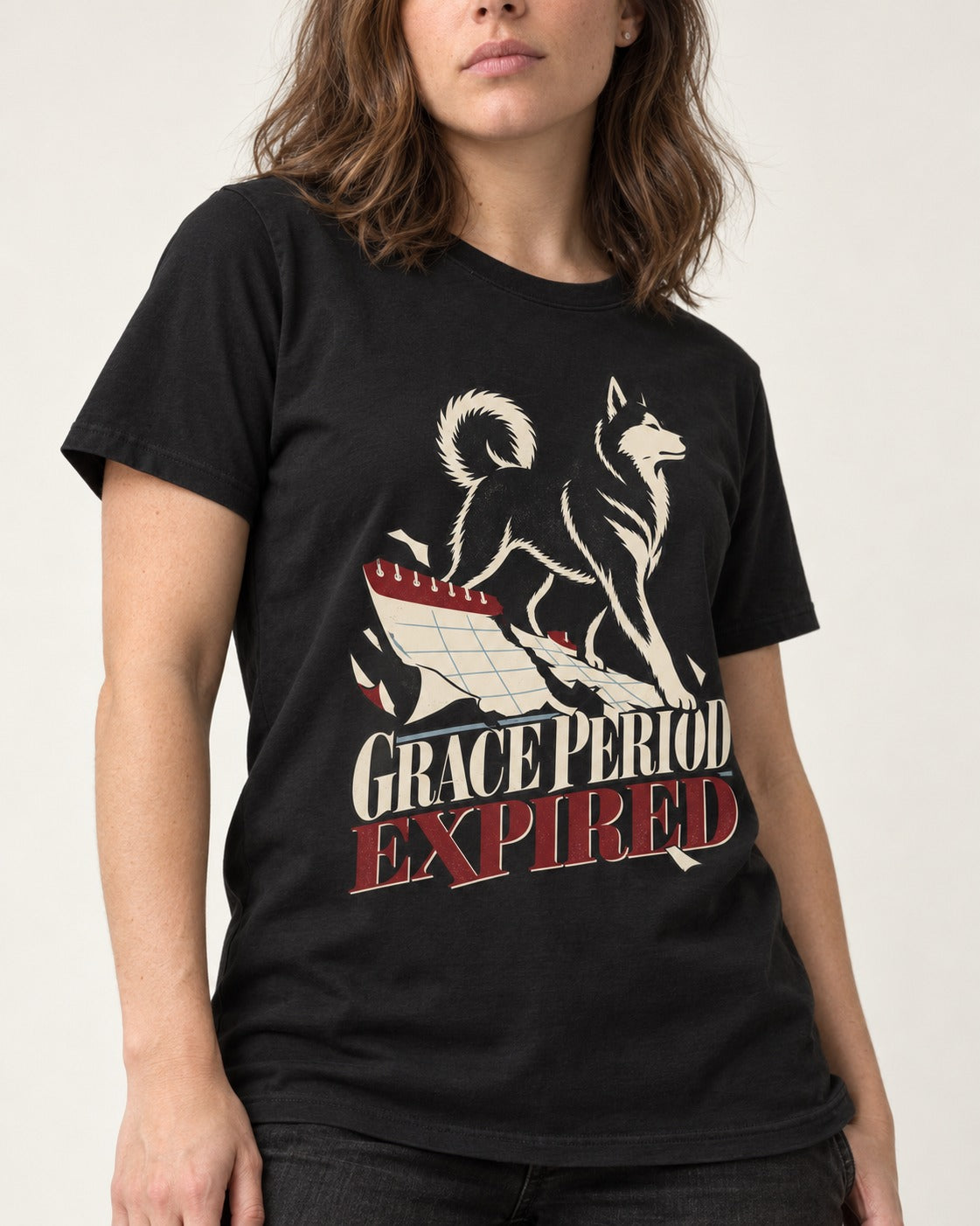 Husky Grace Period Expired Torn Calendar Graphic T-Shirt in Black, worn by a model, front view