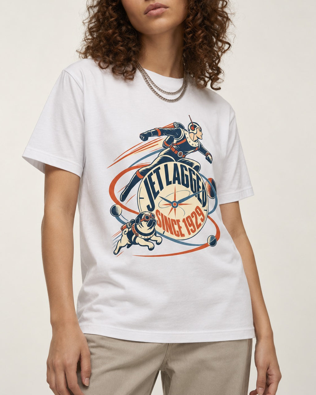 Jet Lagged Pug T-Shirt in White, worn by a model, front view