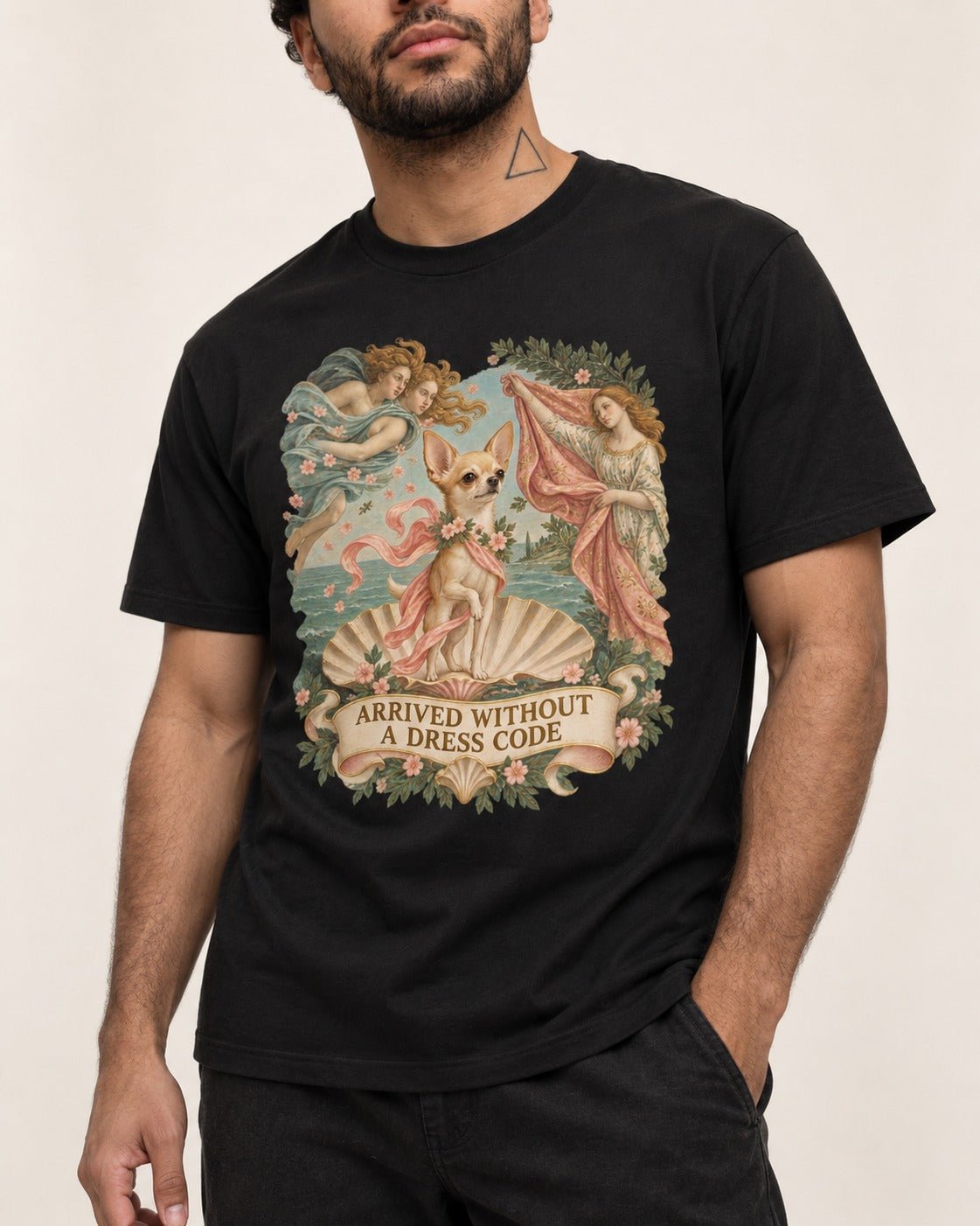 Chihuahua Arrived Without a Dress Code Classical Shell Scene T-Shirt in Black, worn by a model, front view