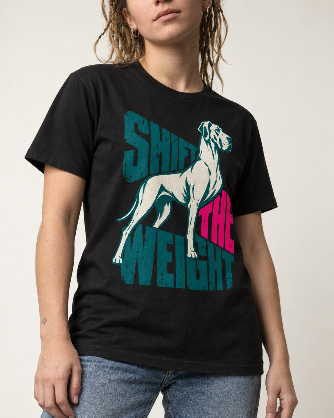 Great Dane Shift the Weight Standing Graphic T-Shirt in Black, worn by a model, front view