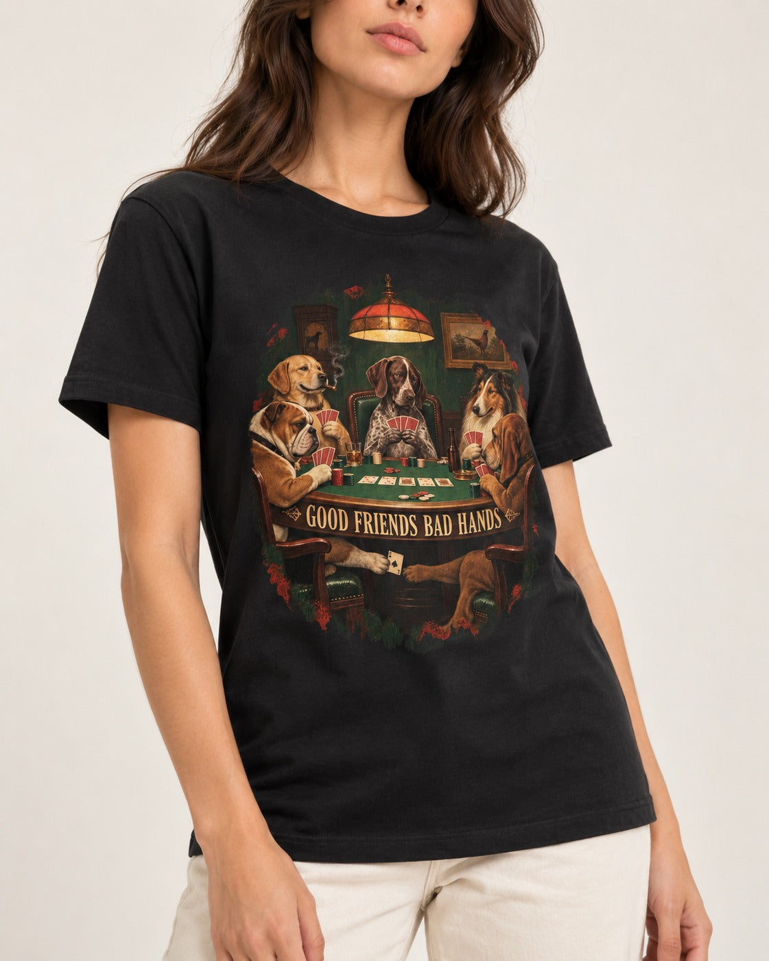 German Shorthaired Pointer Good Friends Bad Hands Poker Night Graphic T-Shirt in Black, worn by a model, front view