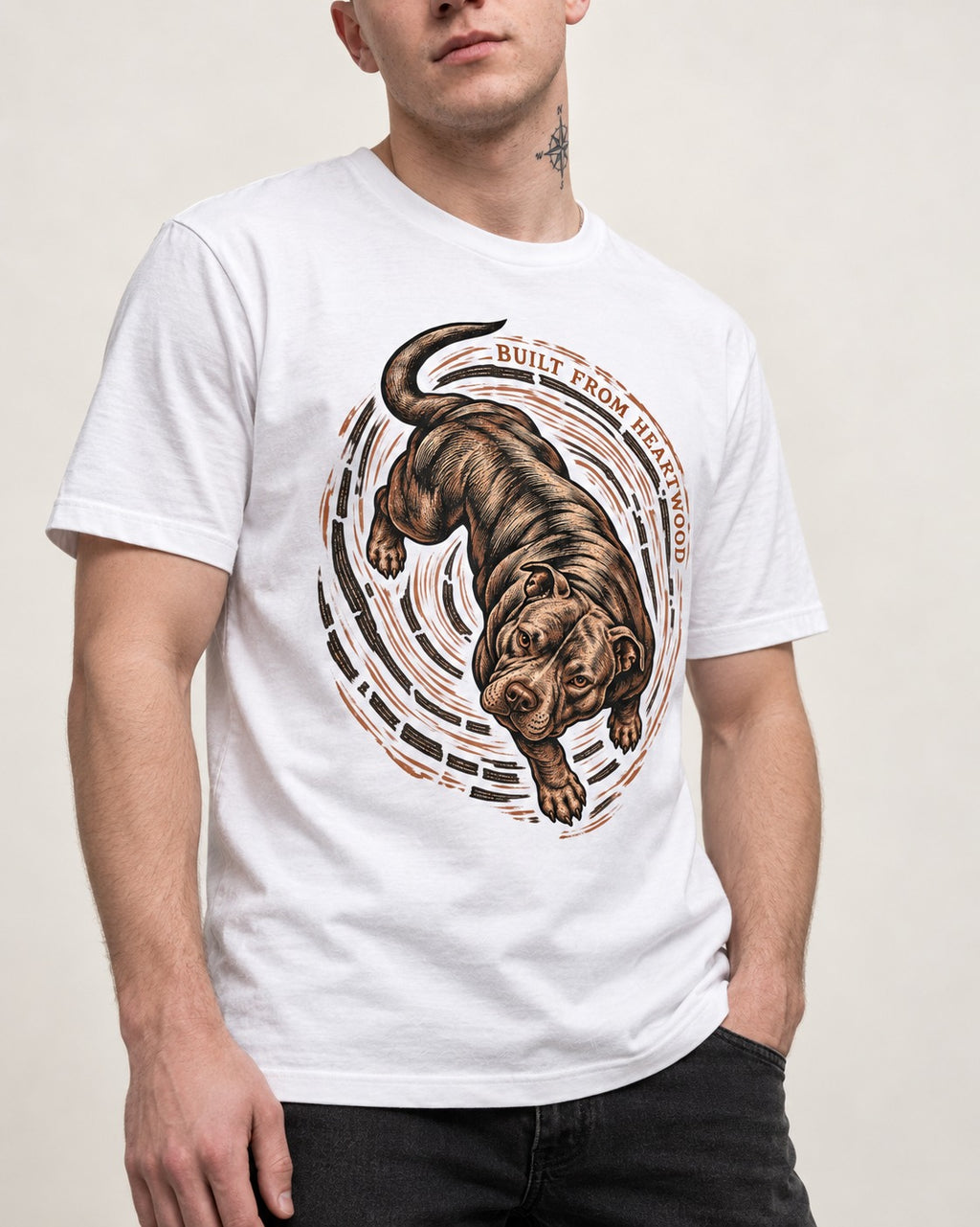 Pitbull Built From Heartwood T-Shirt in White, worn by a model, front view