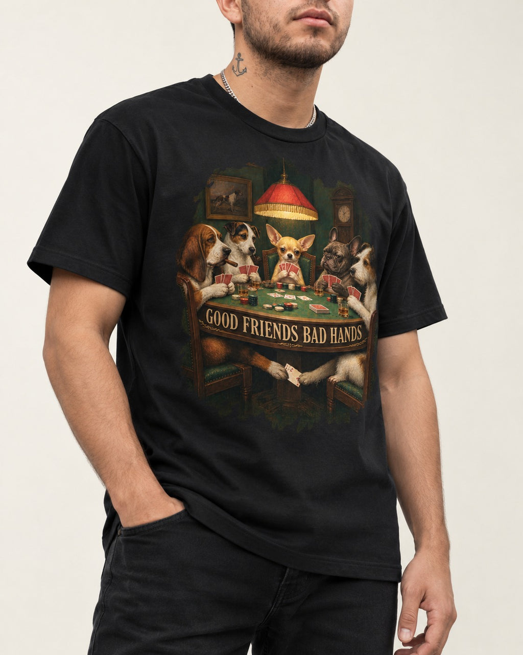 Good Friends Bad Hands Chihuahua Poker Scene T-Shirt in Black, worn by a model, front view