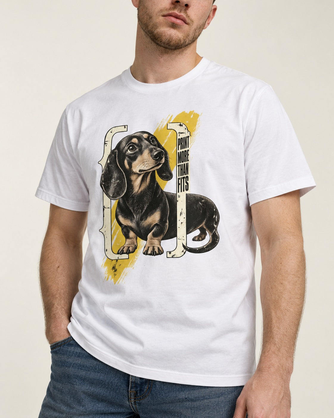 Dachshund More Than Fits T-Shirt in White, worn by a model, front view