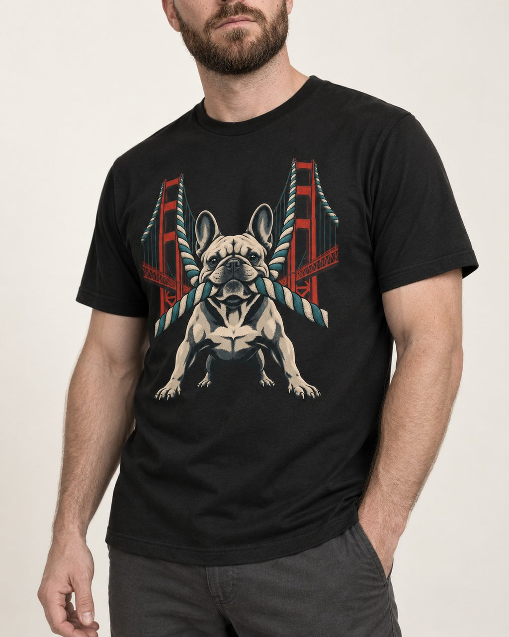 Frenchie Tug Anchor Bridge Graphic T-Shirt in Black, worn by a model, front view