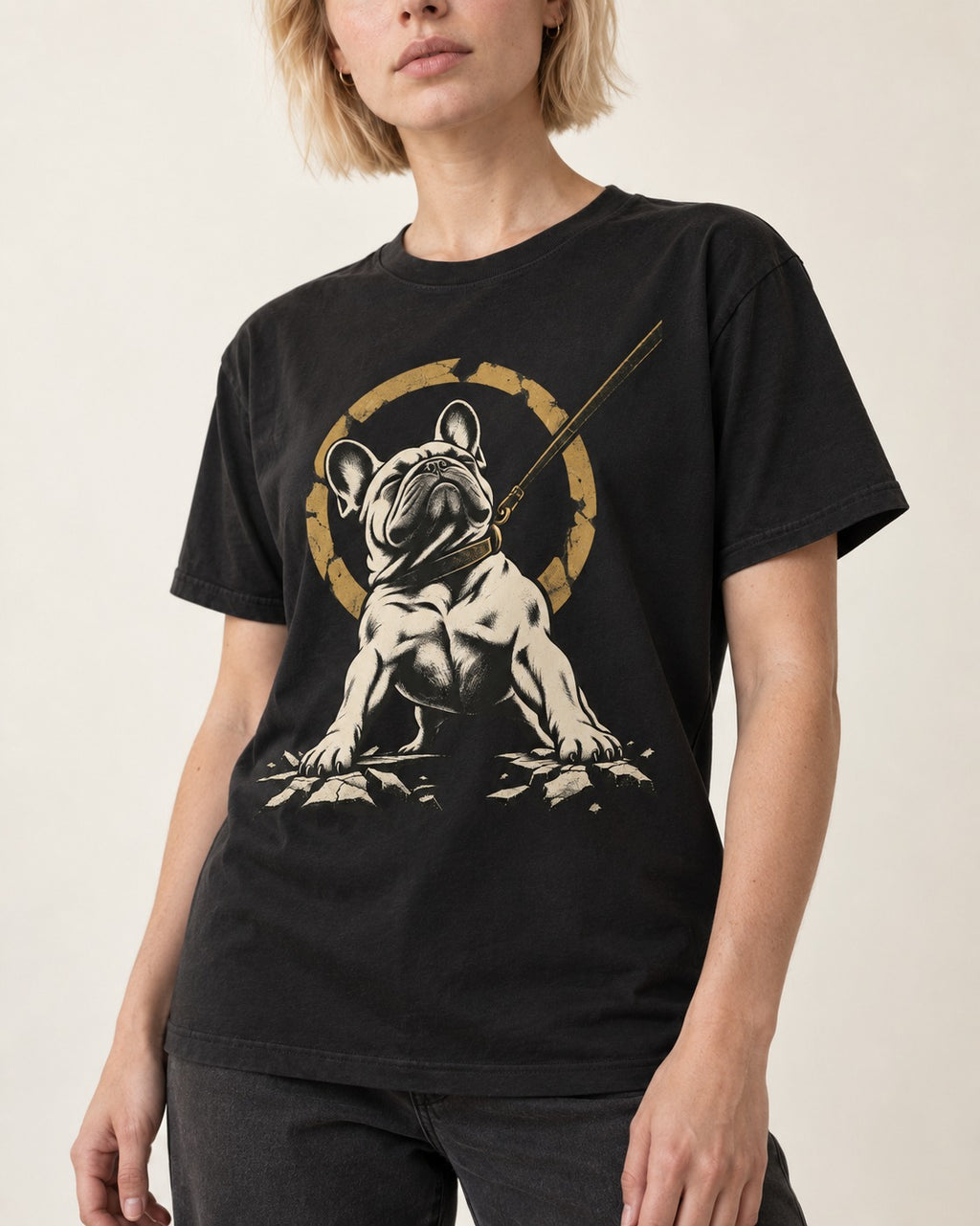 Frenchie Stubborn Leash Monument Graphic T-Shirt in Black, worn by a model, front view