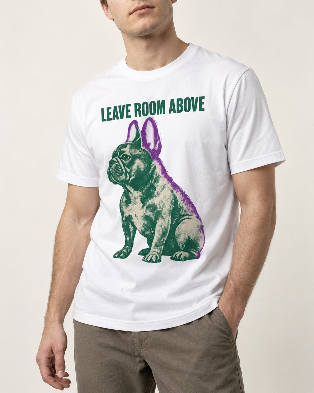 Leave Room Above Frenchie T-Shirt in White, worn by a model, front view