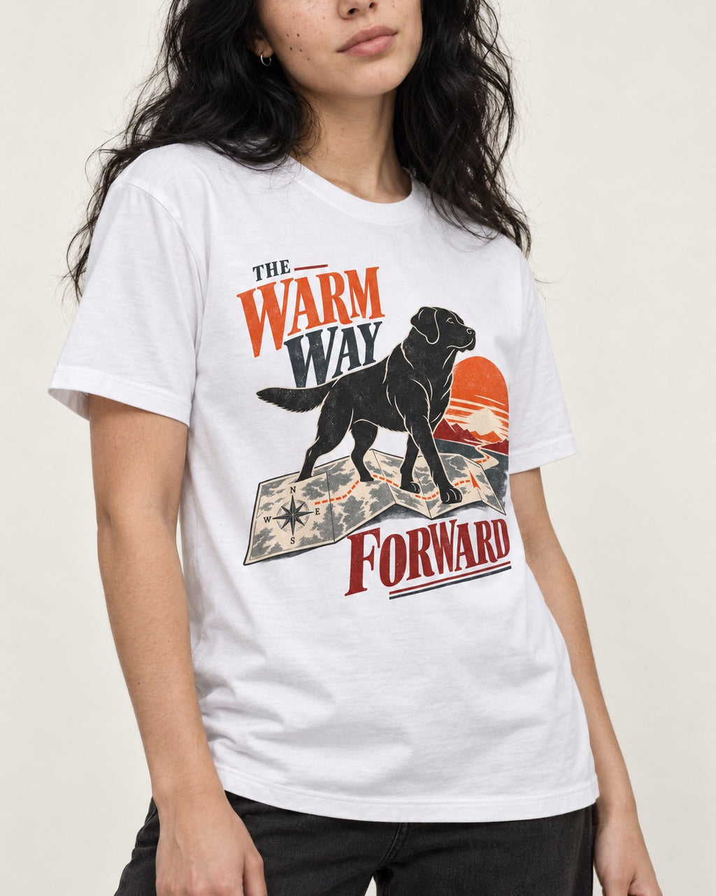 The Warm Way Forward Labrador Retriever T-Shirt in White, worn by a model, front view