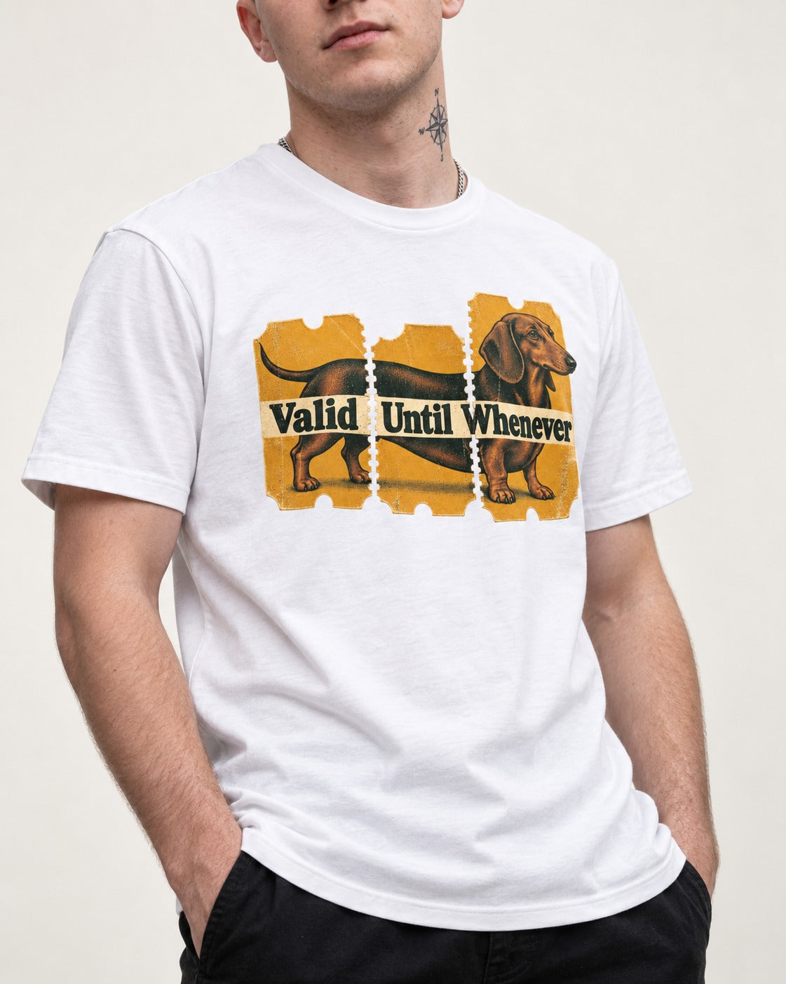 Dachshund Valid Until Whenever T-Shirt in White, worn by a model, front view