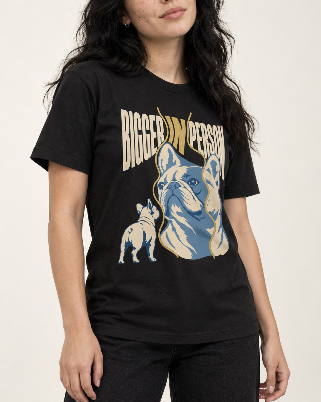Frenchie Bigger in Person Mirror Graphic T-Shirt in Black, worn by a model, front view