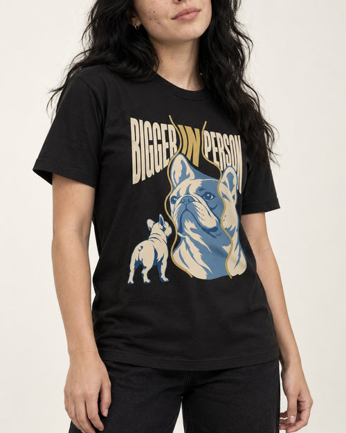 Frenchie Bigger in Person Mirror Graphic T-Shirt in Black, worn by a model, front view