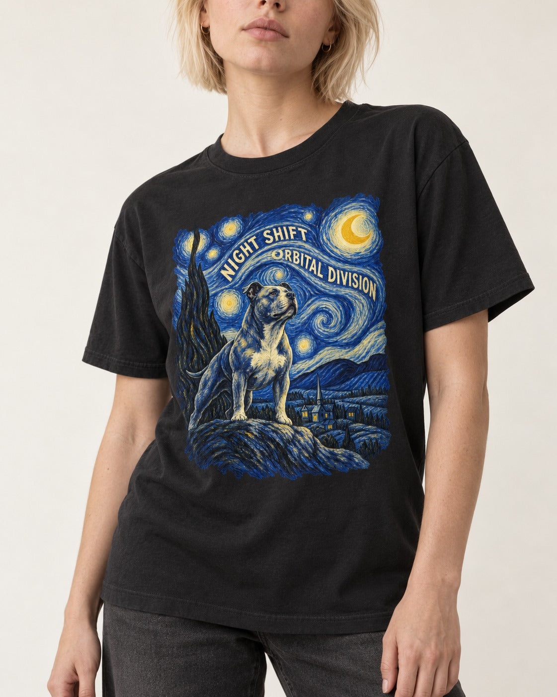 Pitbull Night Shift Orbital Division Starry Night Graphic T-Shirt in Black, worn by a model, front view