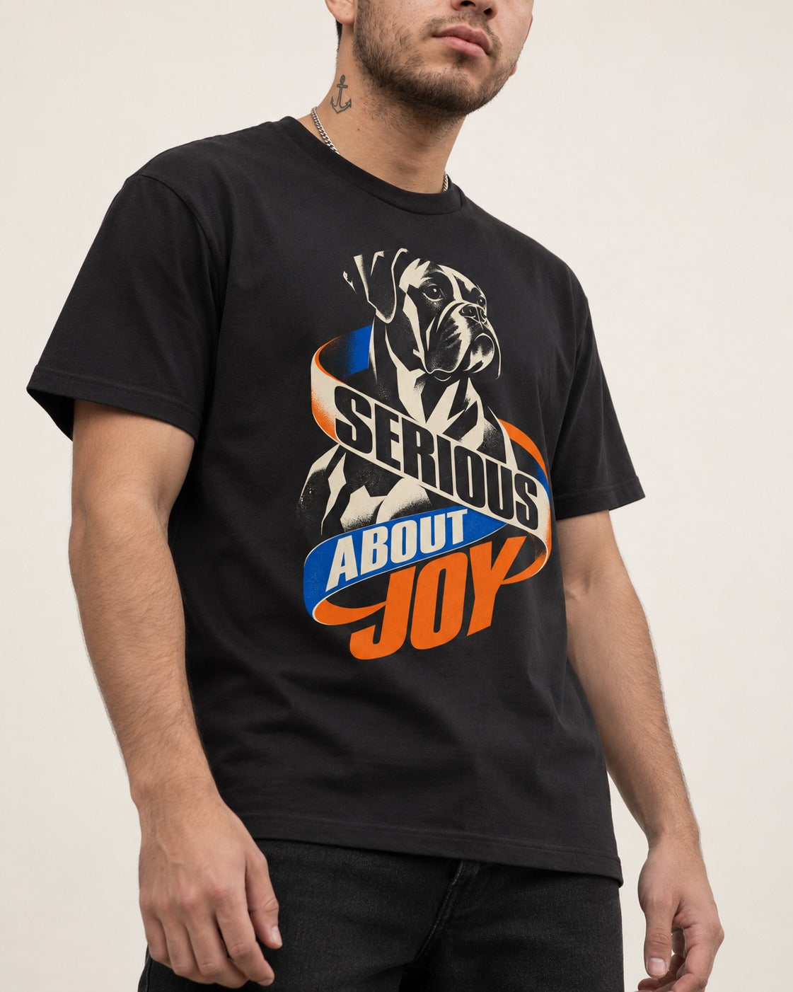 Boxer Serious About Joy T-Shirt in Black, worn by a model, front view