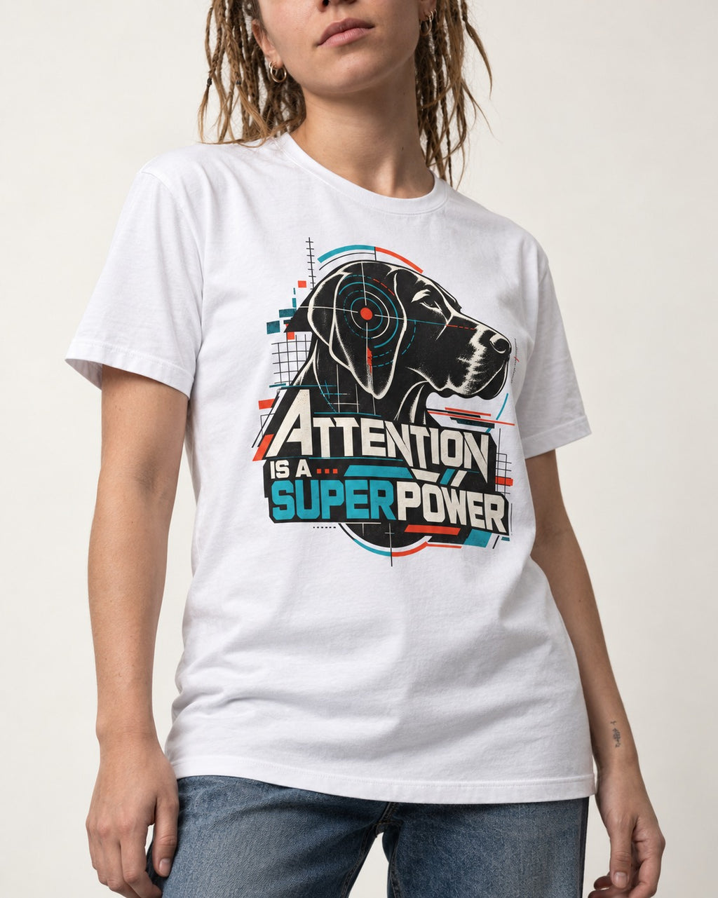 German Shorthaired Pointer Attention Is a Superpower T-Shirt in White, worn by a model, front view