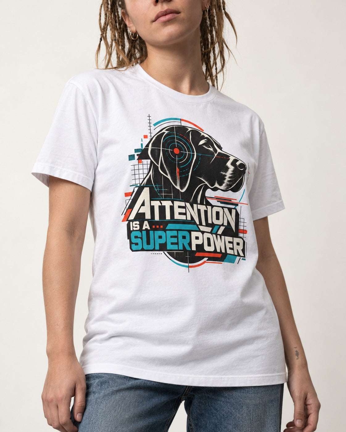 German Shorthaired Pointer Attention Is a Superpower T-Shirt in White, worn by a model, front view
